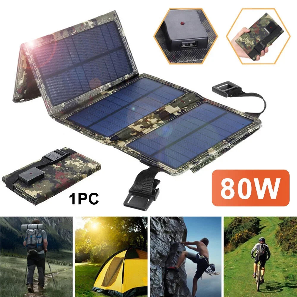 Foldable Outdoor 80W USB Solar Panel Portable Phone Charger Camping Hiking Rechargeable Battery High Standard