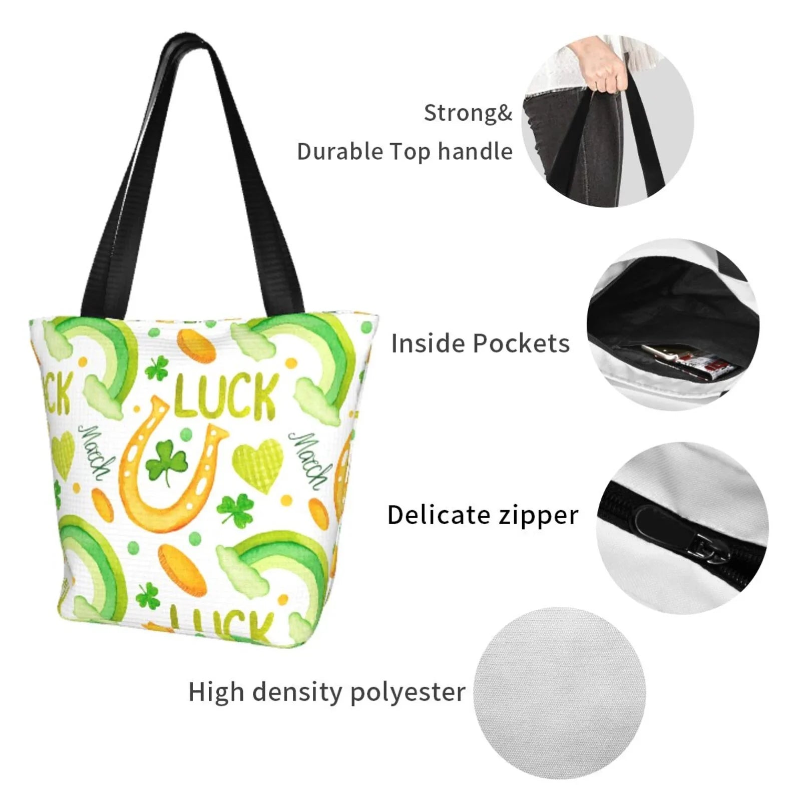 Easygdp St Patrick's Day1 Stylish Canvas Handbag Shoulder Tote Bag, Shopping Bag with Zip, Suitable for Buying Groceries, Office, Fitness