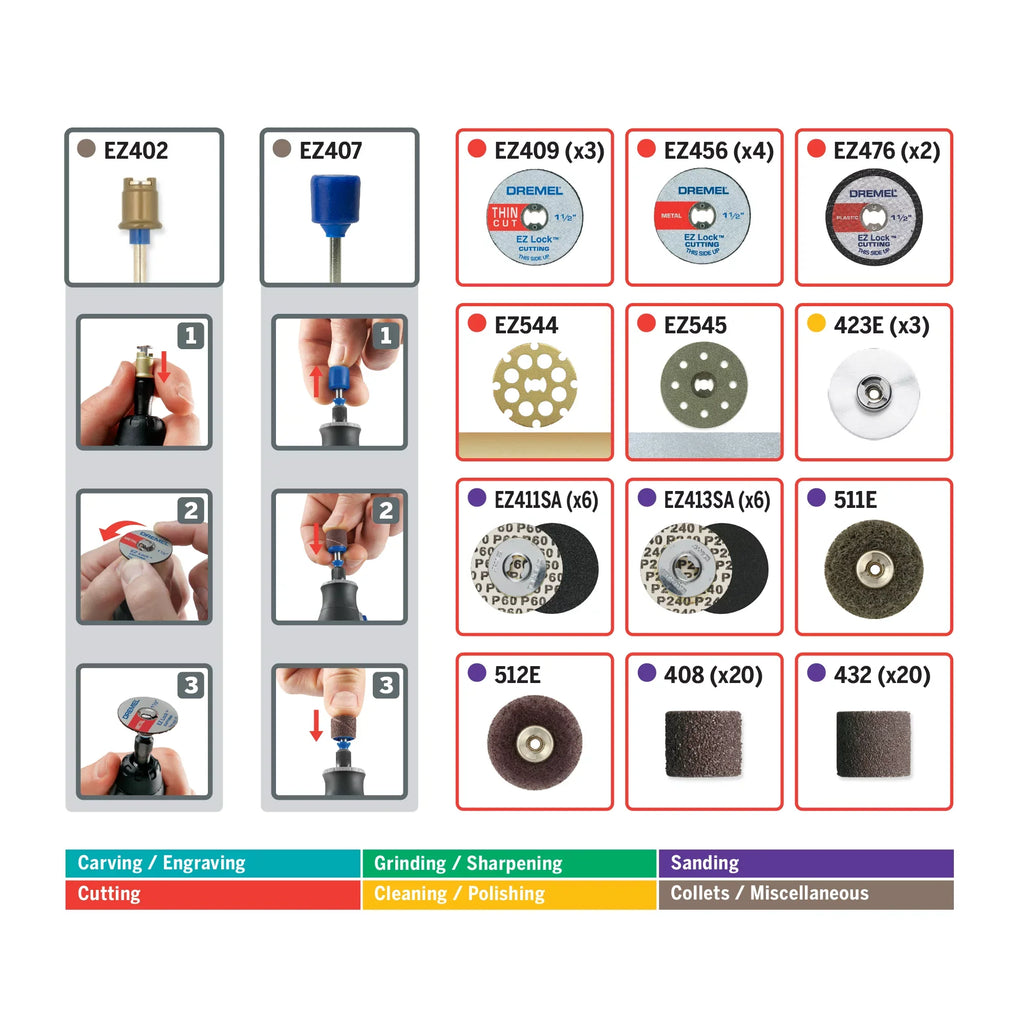 Dremel EZ725 70-Piece EZ All-Purpose Accessory Rotary Tool Mandrels Storage Kit, EZ-Lock and EZ Drum for Faster Accessory Changes, Accessories to Cut, Polish, Clean, and Sand