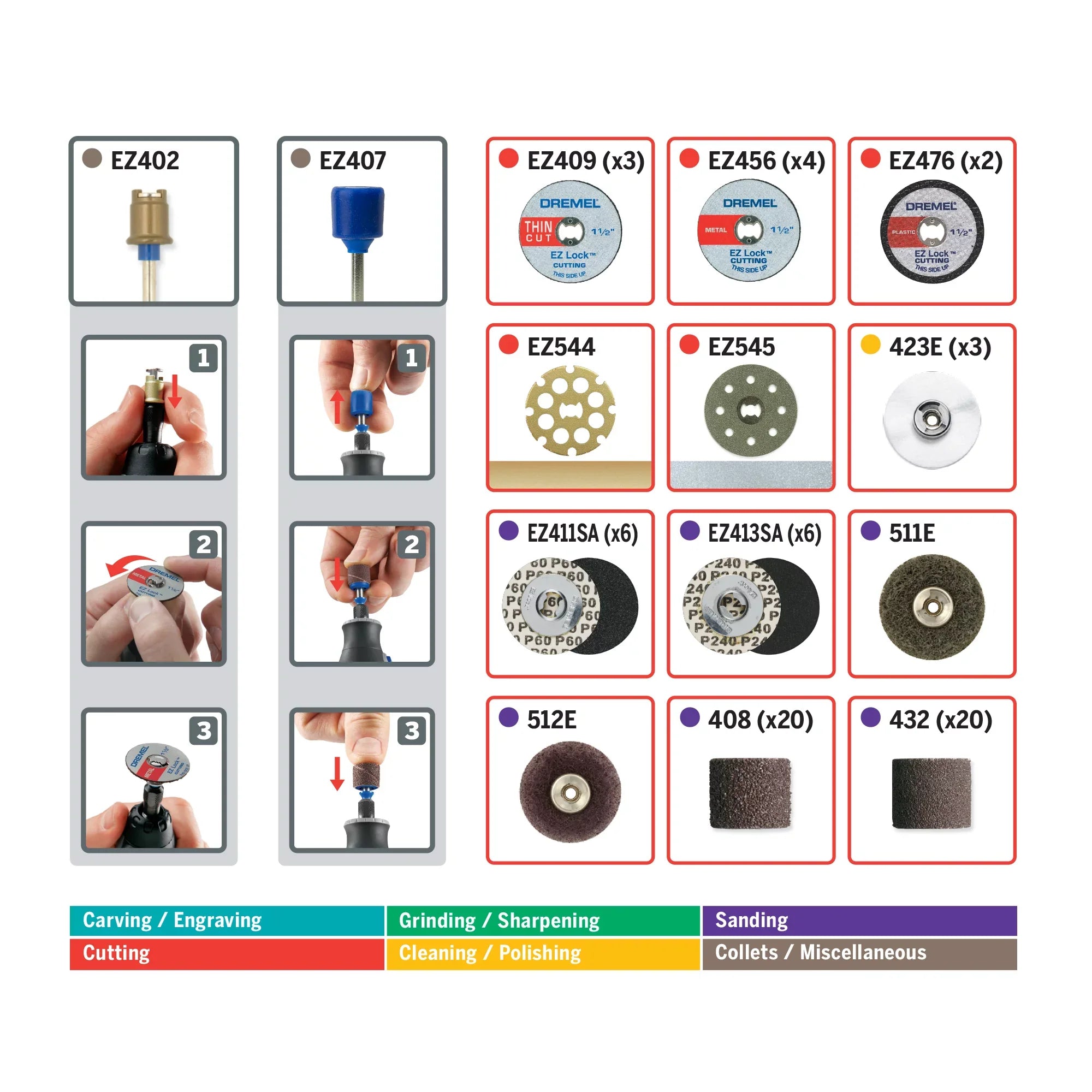 Dremel EZ725 70-Piece EZ All-Purpose Accessory Rotary Tool Mandrels Storage Kit, EZ-Lock and EZ Drum for Faster Accessory Changes, Accessories to Cut, Polish, Clean, and Sand