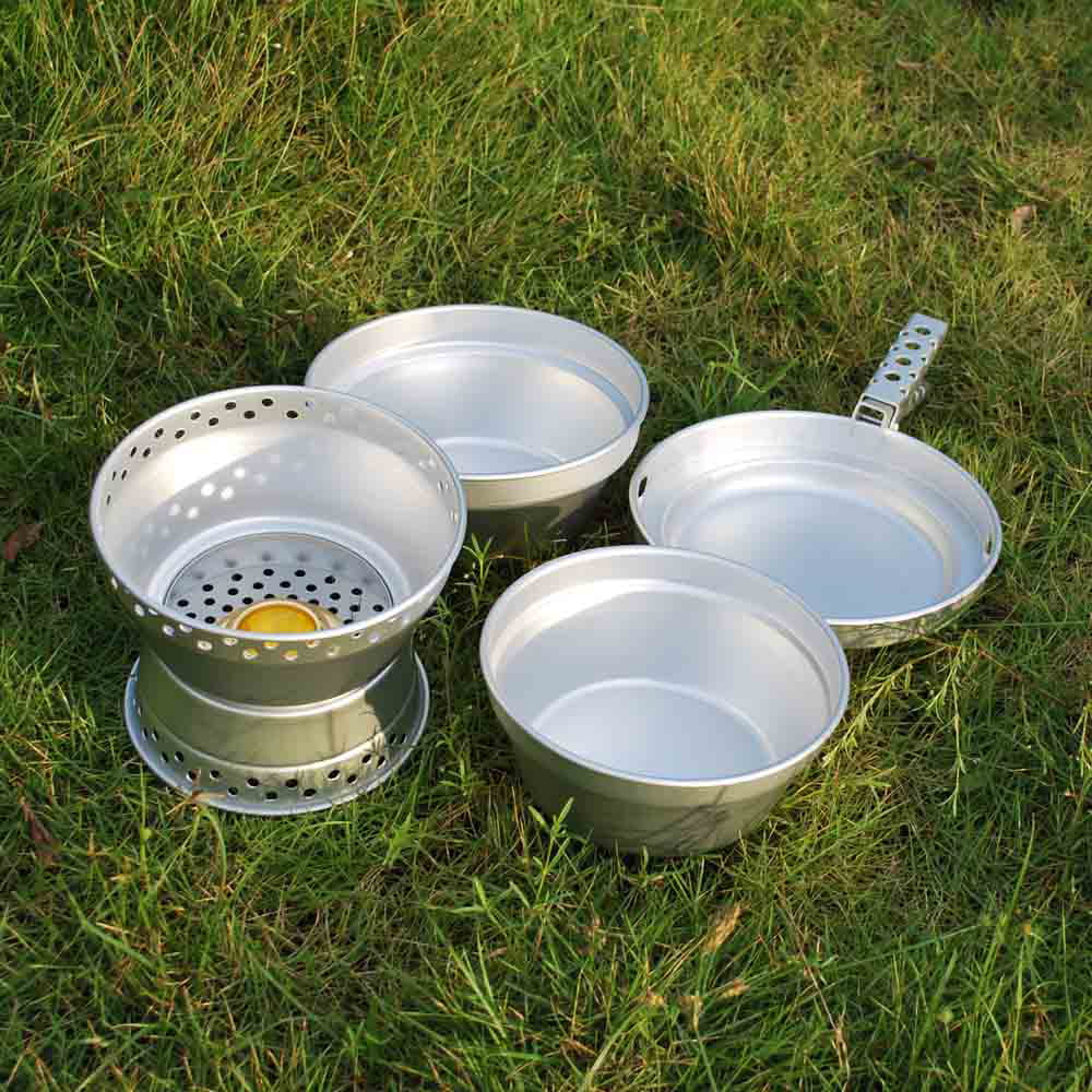 Yabuy Portable Camping Cookware Mess Kit Stove Spirit with Stand Pot Pan with Gripper Cooking Set for Backpacking Hiking Picnic BBQ