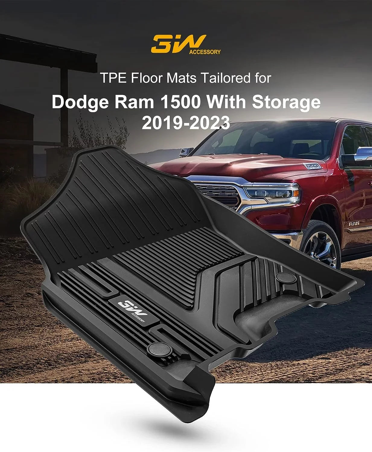 3W Floor Mats Fit for 2019-2023 Dodge Ram 1500 Crew Cab with Rear Under-Seat Factory Storage Bucket Seat, All Environment Car Liners Floor Liner Full Set Car Mats