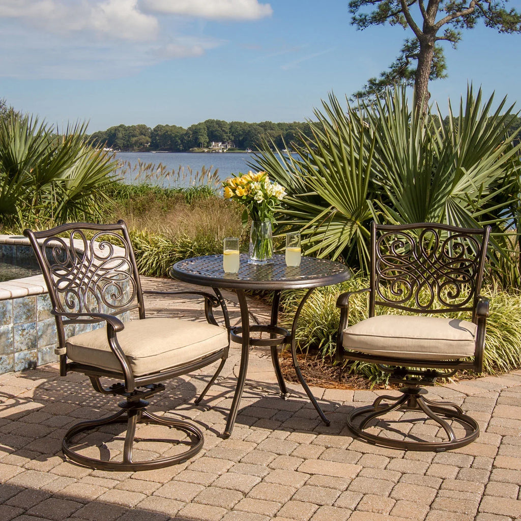 Cambridge Seasons 3-Piece Tan Bistro Dining Set, Two Aluminum Swivel Rockers,32 in. Round Table