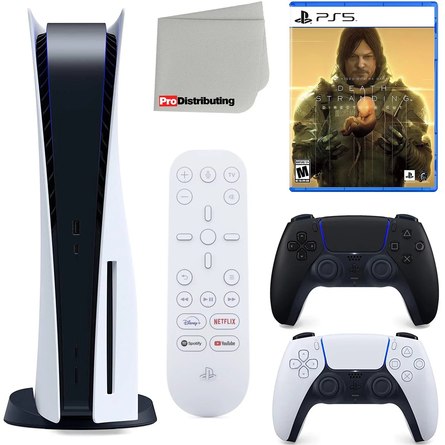 Sony Playstation 5 Disc Version (Sony PS5 Disc) with Midnight Black Extra Controller, Media Remote, Death Stranding Director's Cut, Accessory Starter Kit and Microfiber Cleaning Cloth Bundle