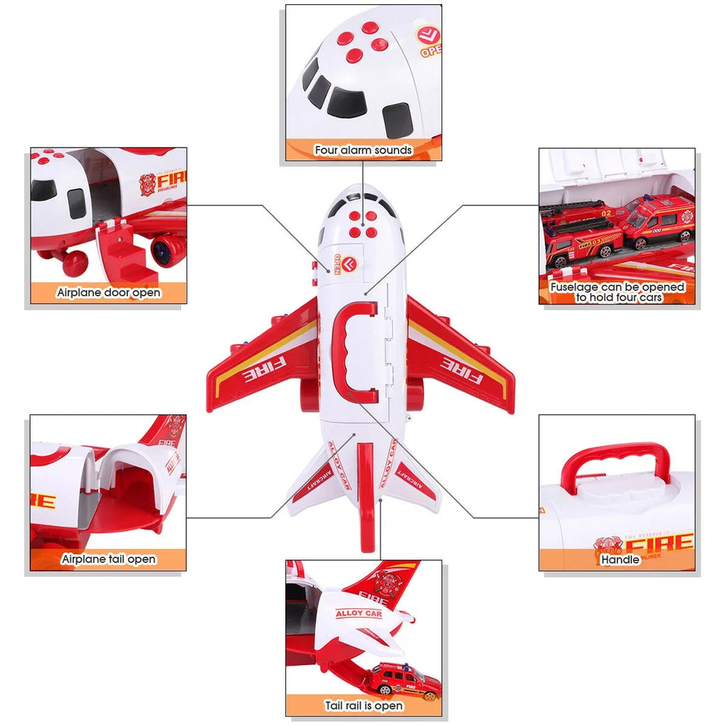 SHAN Airplane Toy Fire Truck Playset with Music and Lights, Transformable Airplane Storage Cart, 3-6 Years Old Boys and Girls Birthday Christmas Gift (Red)