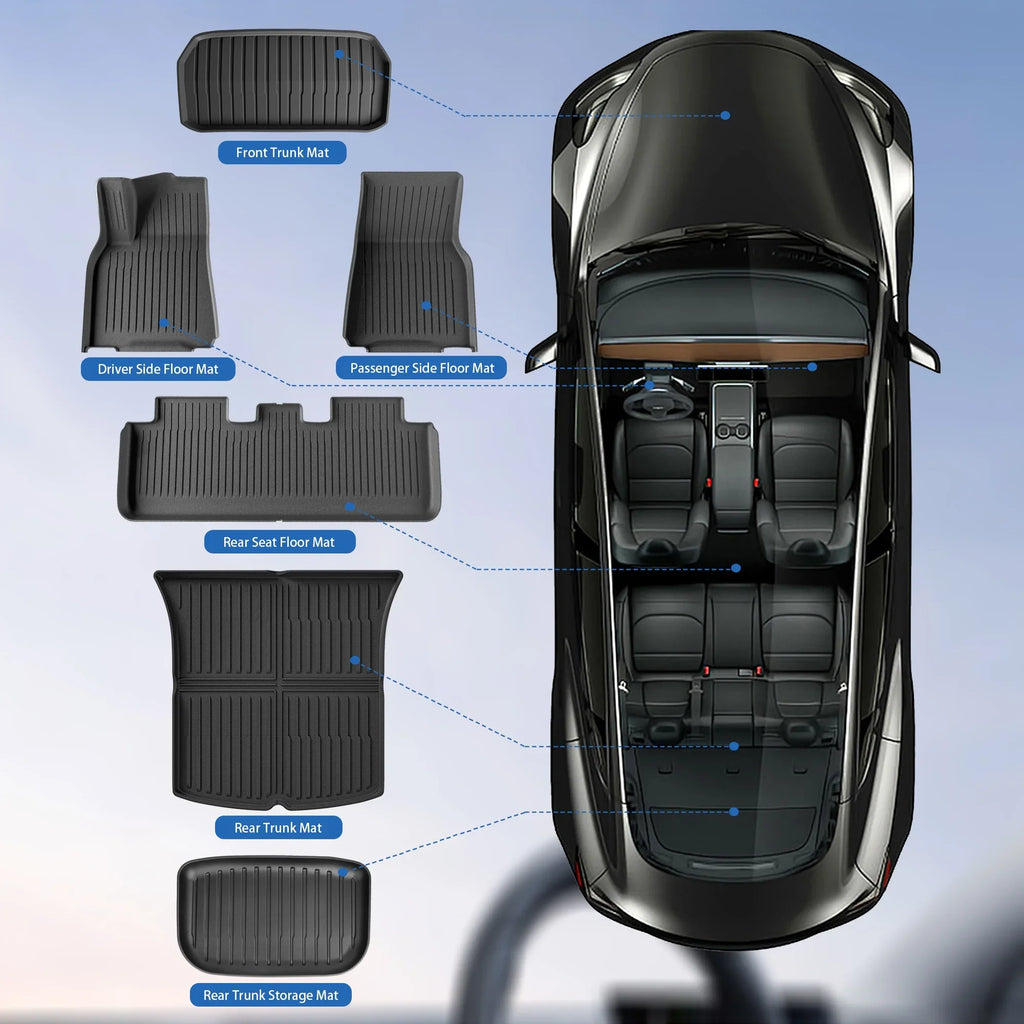 WEIZE Floor Mats Set for Tesla Model Y 2021-2023 2024, All Climate TPE Waterproof Anti-Slip Front & Rear Trunk Mats Cargo Liners Accessories, Custom Fit for Tesla 5-Seater, Set of 6 Mats