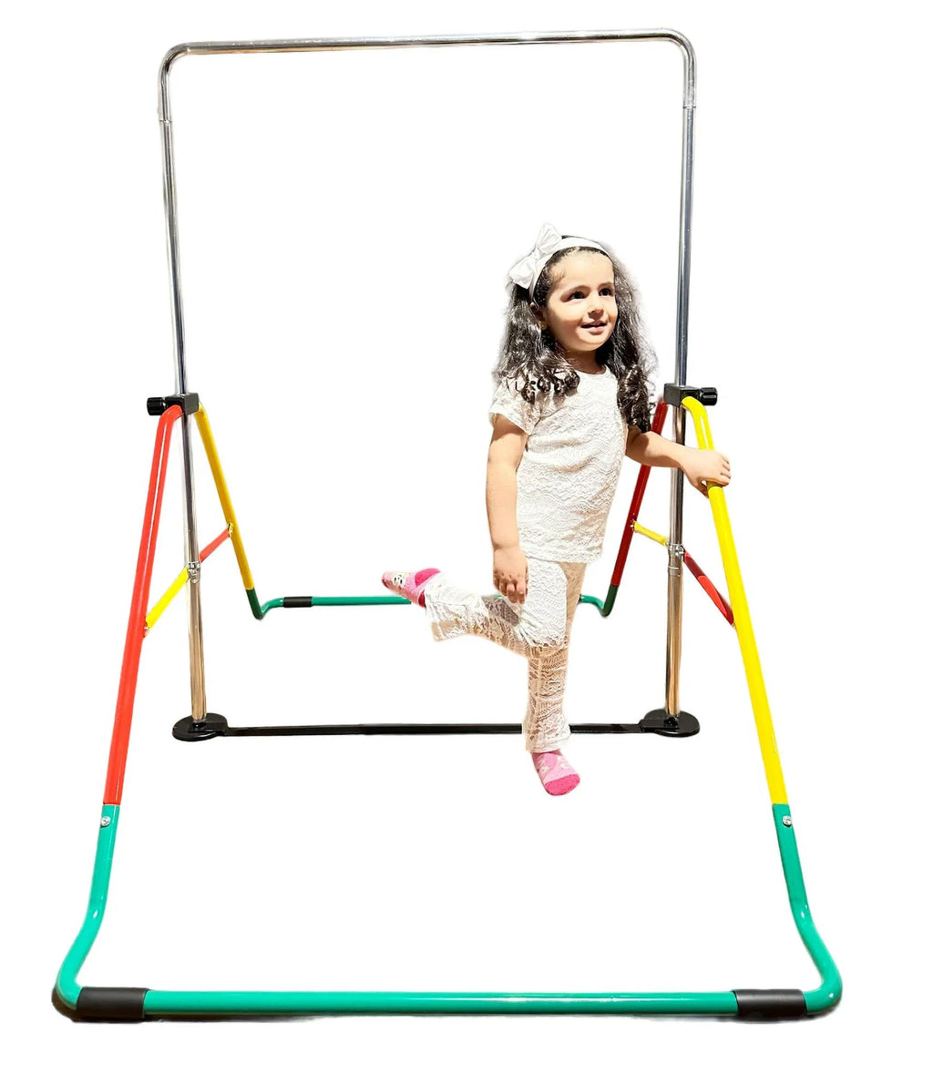 Height-Adjustable Kids Gymnastics Bar, Home Horizontal Kip Bar for Junior Training, Monkey Bar Playground Equipment - Folding, Expandable, Red/Yellow