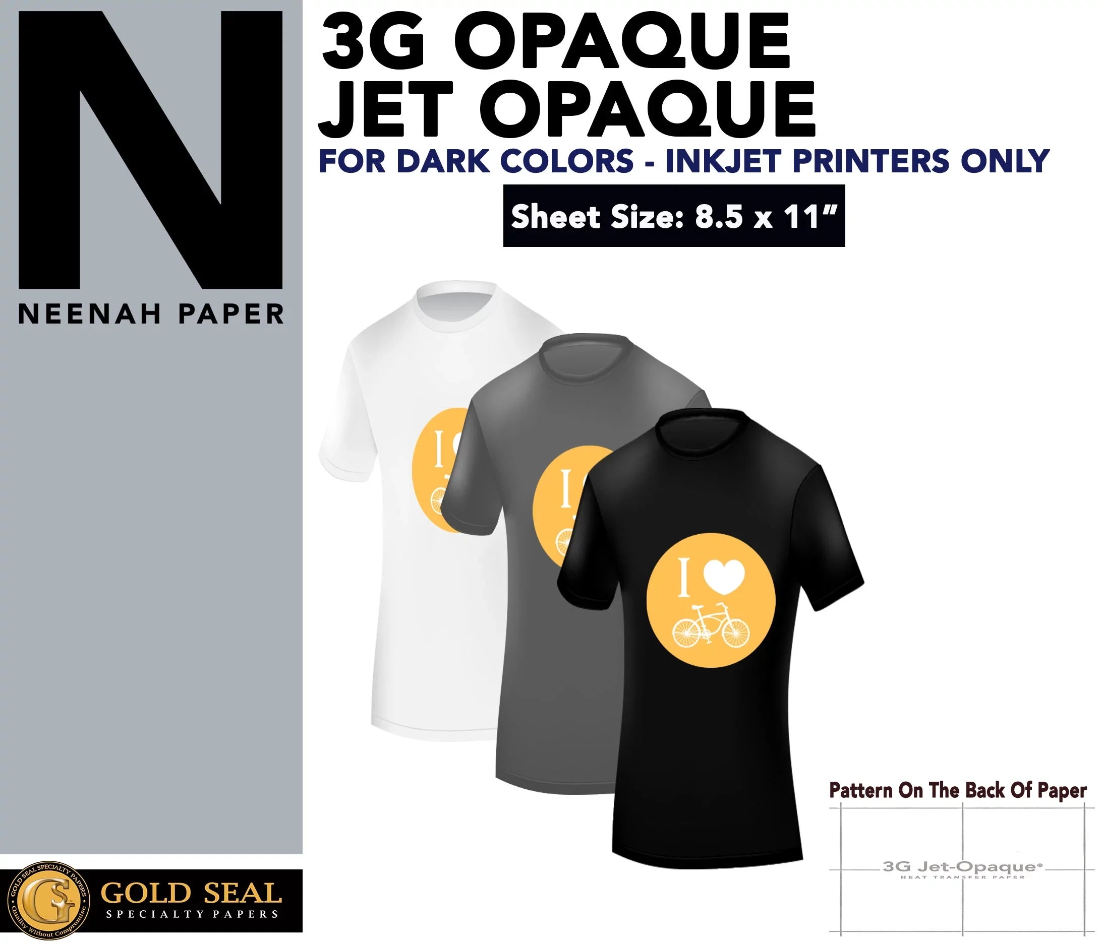 IRON ON HEAT TRANSFER PAPER 3G JET OPAQUE 8.5 x 11" CUSTOM PACK 100 SHEETS