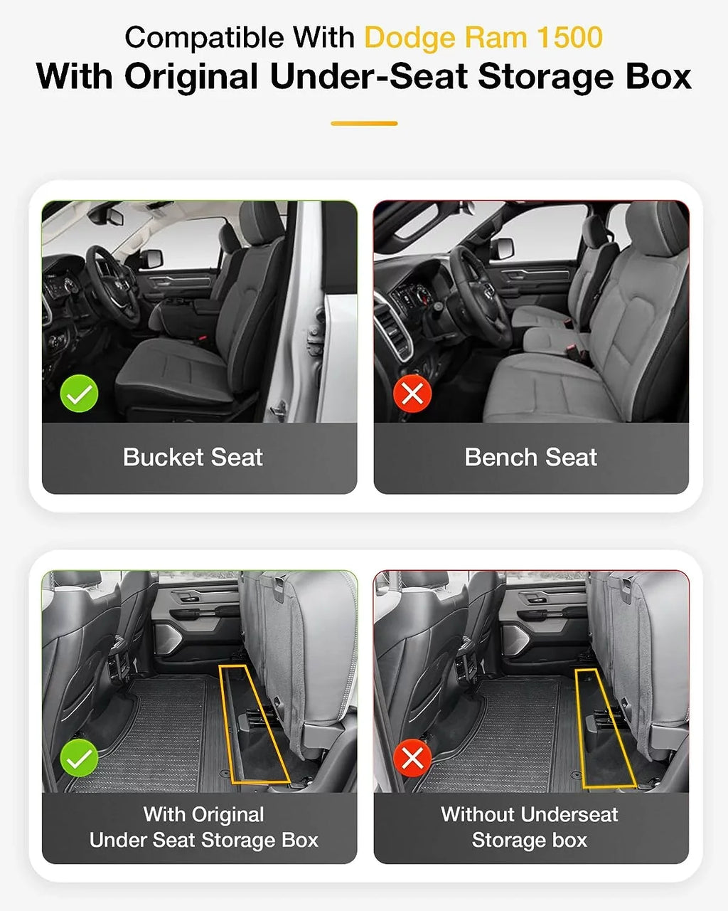 3W Floor Mats Fit for 2019-2023 Dodge Ram 1500 Crew Cab with Rear Under-Seat Factory Storage Bucket Seat, All Environment Car Liners Floor Liner Full Set Car Mats