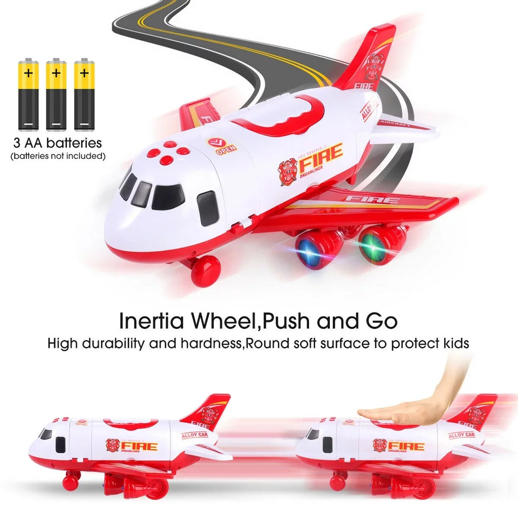 SHAN Airplane Toy Fire Truck Playset with Music and Lights, Transformable Airplane Storage Cart, 3-6 Years Old Boys and Girls Birthday Christmas Gift (Red)