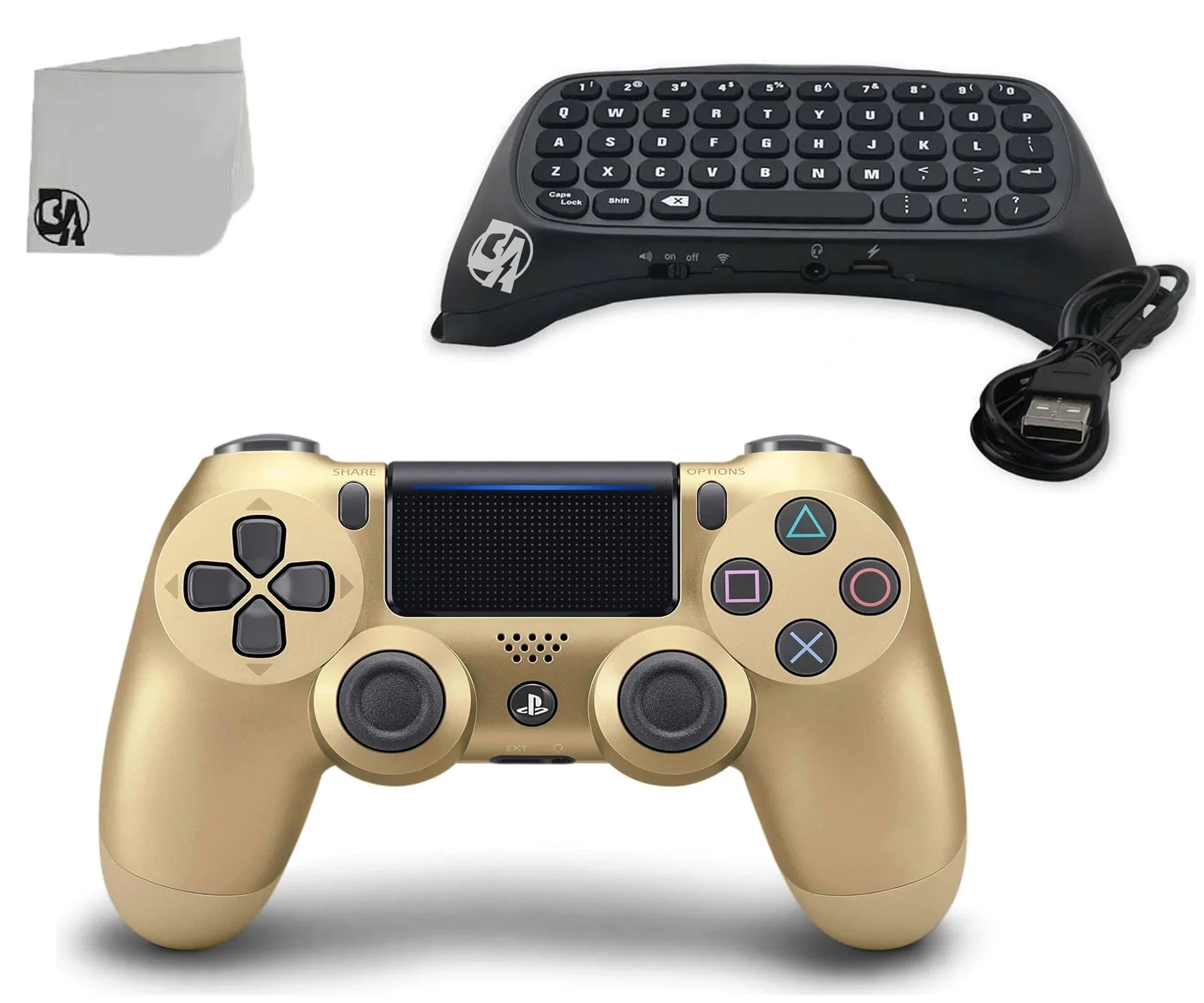 Pre-Owned Sony Dual Shock Gold Gaming Controller For PS4 Console + Wireless Black Chatpad for PS4 Controller BOLT AXTION Bundle. (Refurbished: Like New)