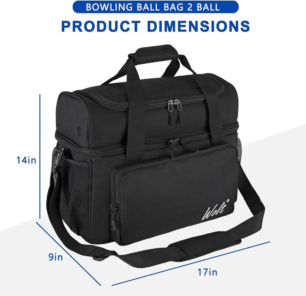 WOLT | Black Polyester Bowling Ball Bag for 2 Balls Fits Bowling Shoes up to Mens Size 16