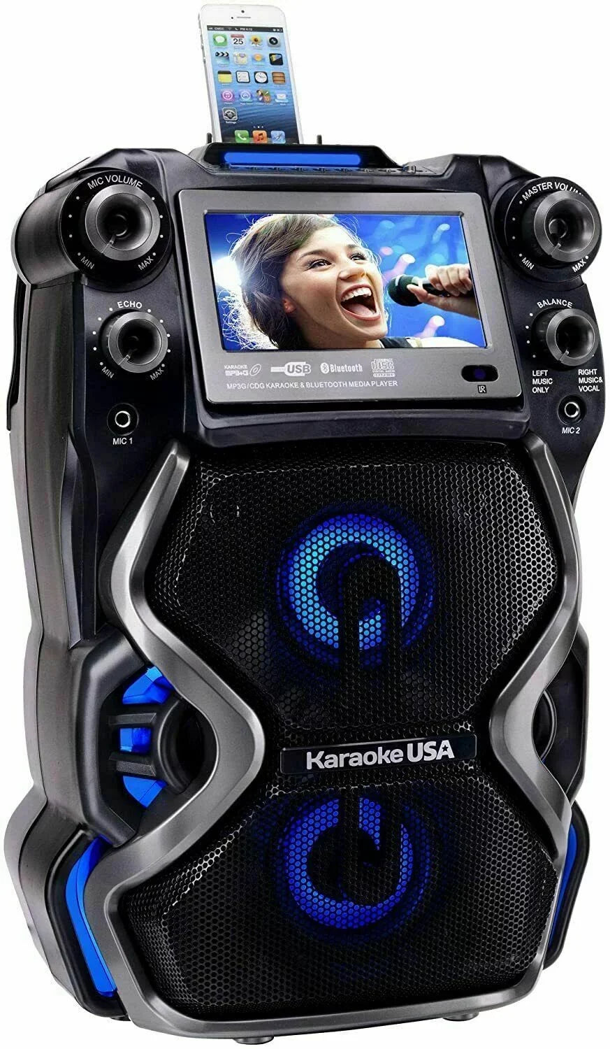 Karaoke USA CDG/MP3G 300W Portable Rechargeable Karaoke Player w/ 2 Mics