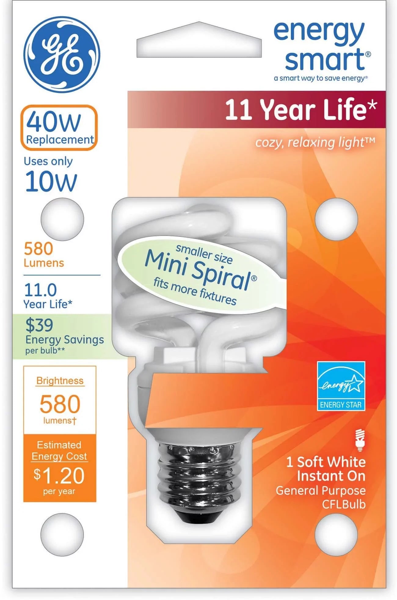 GE Lighting 85382 Energy Smart Spiral CFL 10-Watt (40-watt replacement) 580-Lumen T2 Spiral Light Bulb with Medium Base, 1-Pack