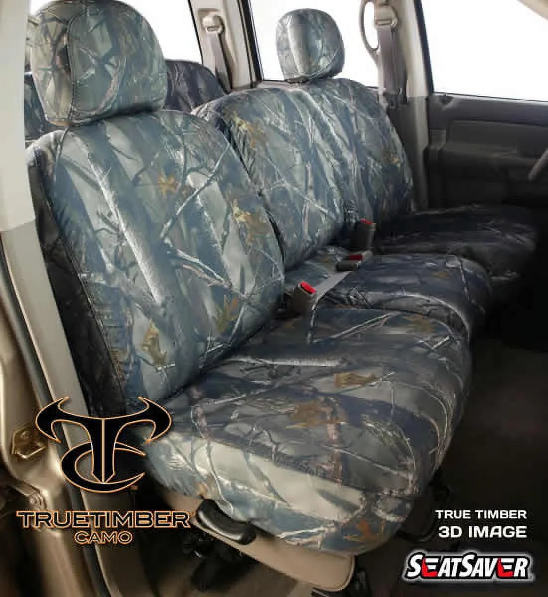SeatSaver Seat Protector: 1999-04 Fits FORD SUPER DUTY CREWCAB REAR BENCH W/O CENTER FOLD DOWN CONSOLE ARMREST (True Timber, 3D Image) (SS8417TTXD)