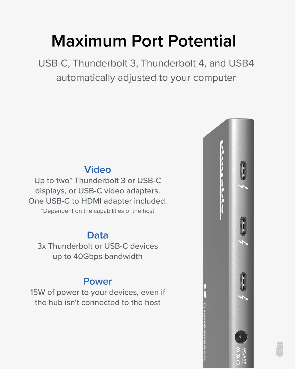 Plugable 5-in-1 Thunderbolt 4 Hub with 60W Charging, Single 8K or Dual 4K Display, Matching with Thunderbolt USB4 Macs and Thunderbolt 4 / USB4 Windows (1x USB-C to HDMI Adapter)