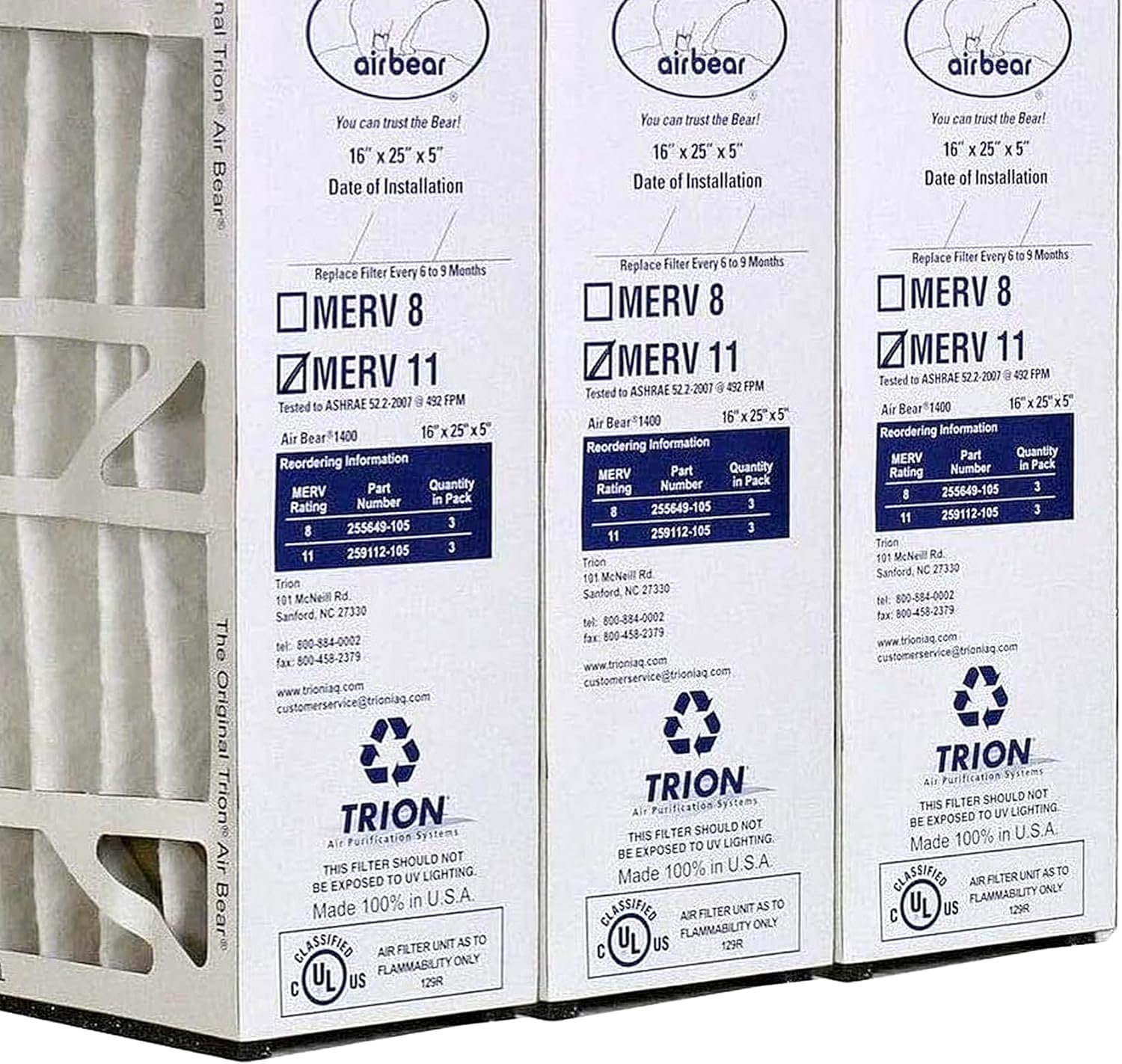 16 x 25 x 5 Inch MERV 11 High Performance Air Purifier Filter Replacement for Air Bear Cleaner Purification Systems, White (3 Pack)