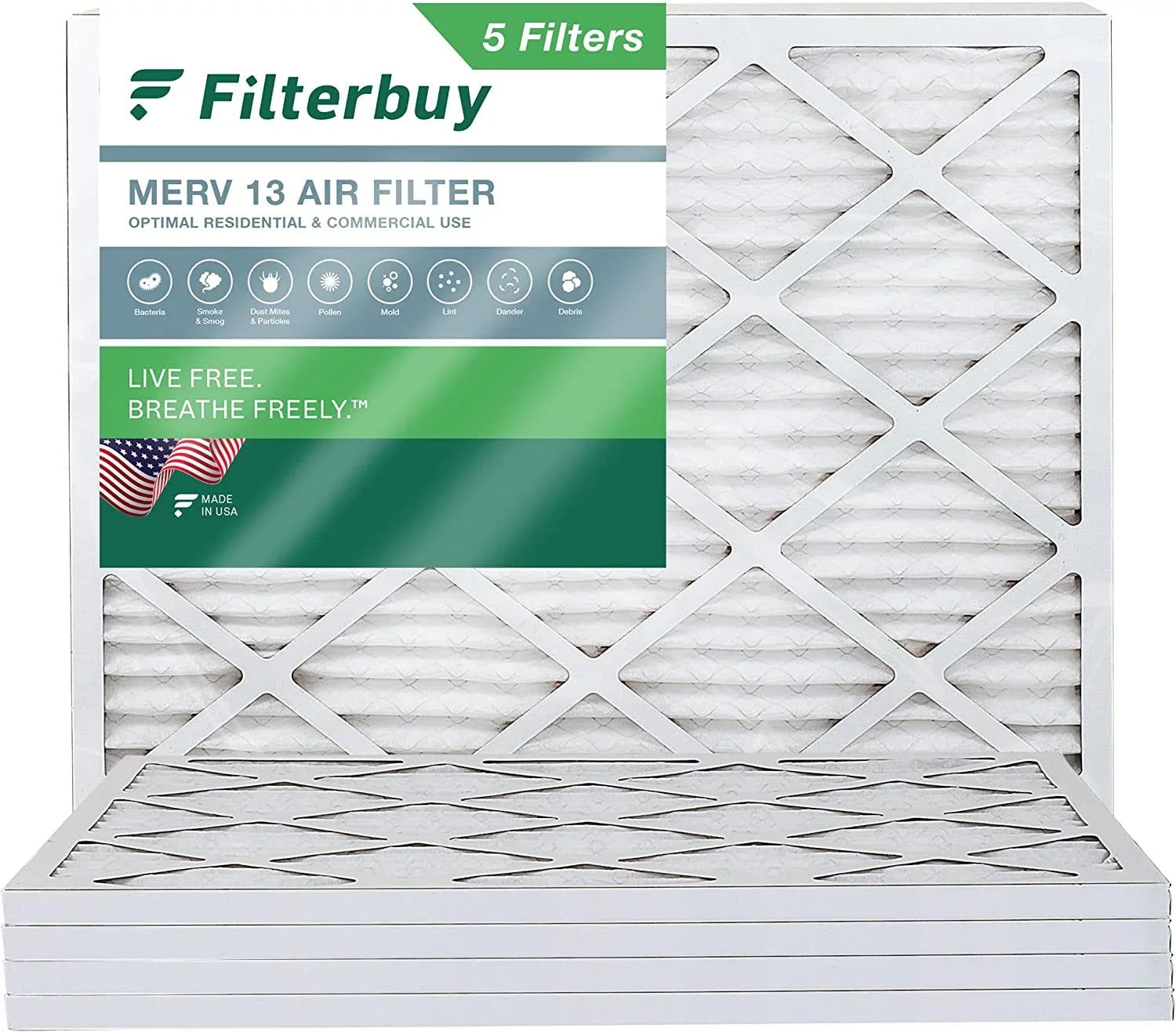Filterbuy 18x20x1 MERV 13 Pleated HVAC AC Furnace Air Filters (5-Pack)