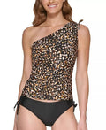 DKNY Women's Printed One Shoulder Tankini Top Swimsuit Black Size Medium