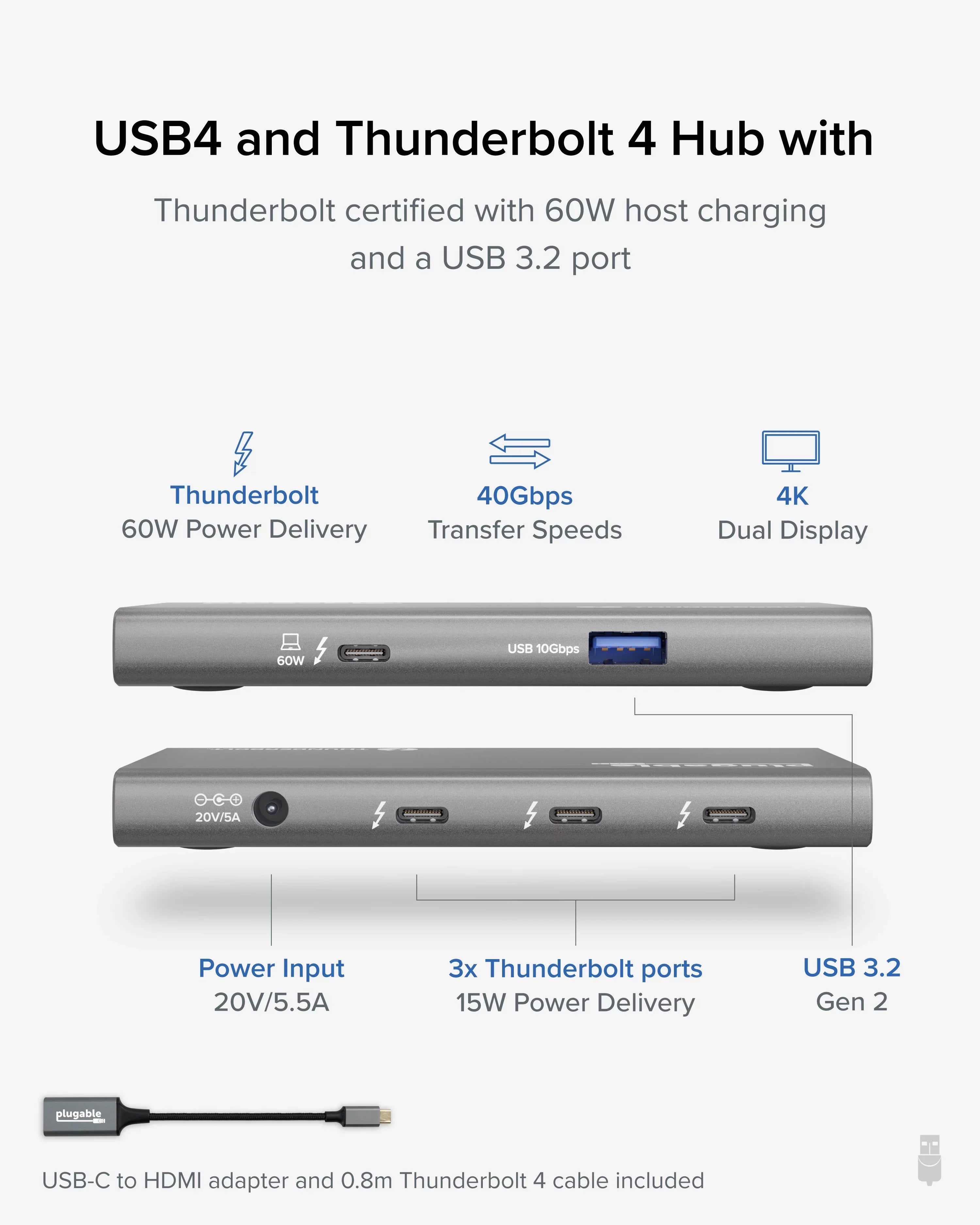 Plugable 5-in-1 Thunderbolt 4 Hub with 60W Charging, Single 8K or Dual 4K Display, Matching with Thunderbolt USB4 Macs and Thunderbolt 4 / USB4 Windows (1x USB-C to HDMI Adapter)
