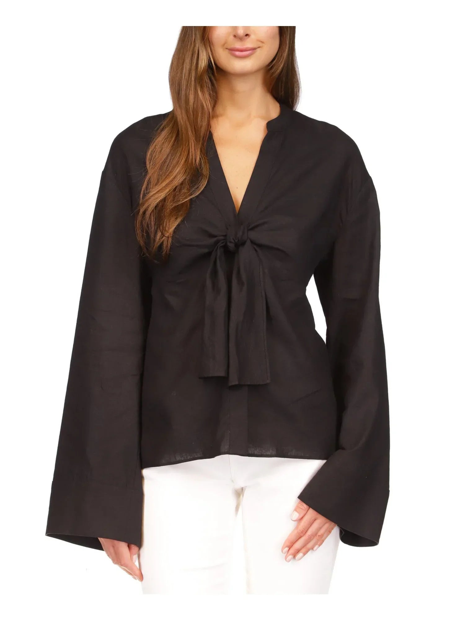 MICHAEL MICHAEL KORS Womens Black Unlined Sheer Tie Waist Curved Hem Bell Sleeve Split Button Up Top M