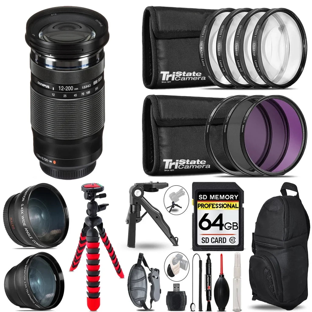 Olympus M.Zuiko Digital ED 12-200mm f/3.5-6.3 Lens - 3 Lens Kit + Tripod + Backpack - 64GB Accessory Bundle