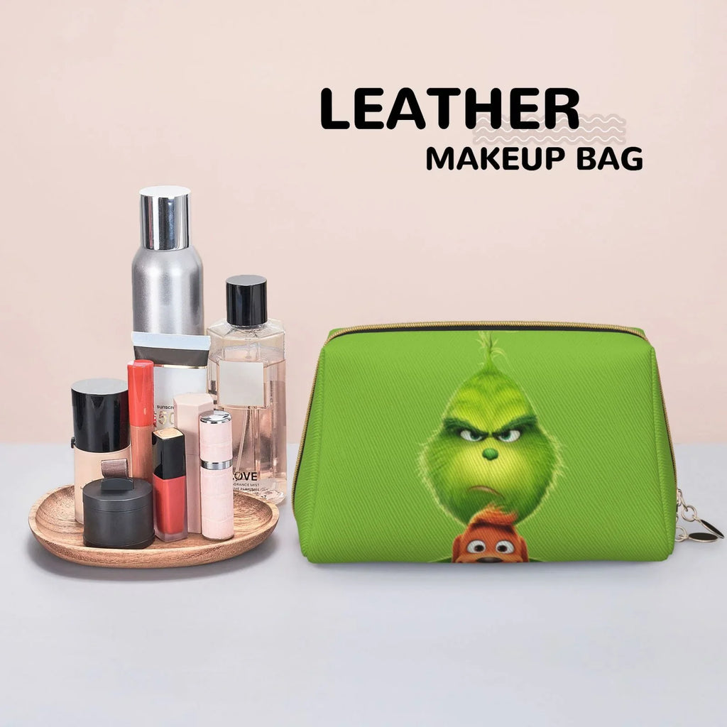Animated Grinch Cosmetic Bag Makeup Organizer Leather Portable Pouch Gift Travel Toiletry Bag Storage Purse