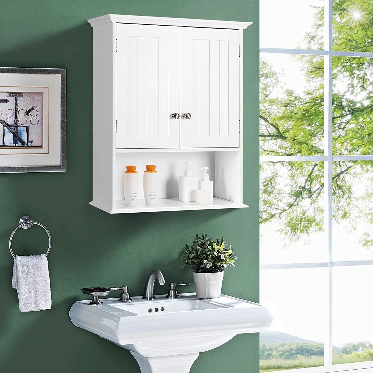 Bathroom Wall Cabinet, Wooden Hanging Storage Cabinet with Doors & Shelves, Multipurpose Storage Cabinet for Bathroom Kitchen Living Room, Wall Mounted Bathroom Medicine Cabinet