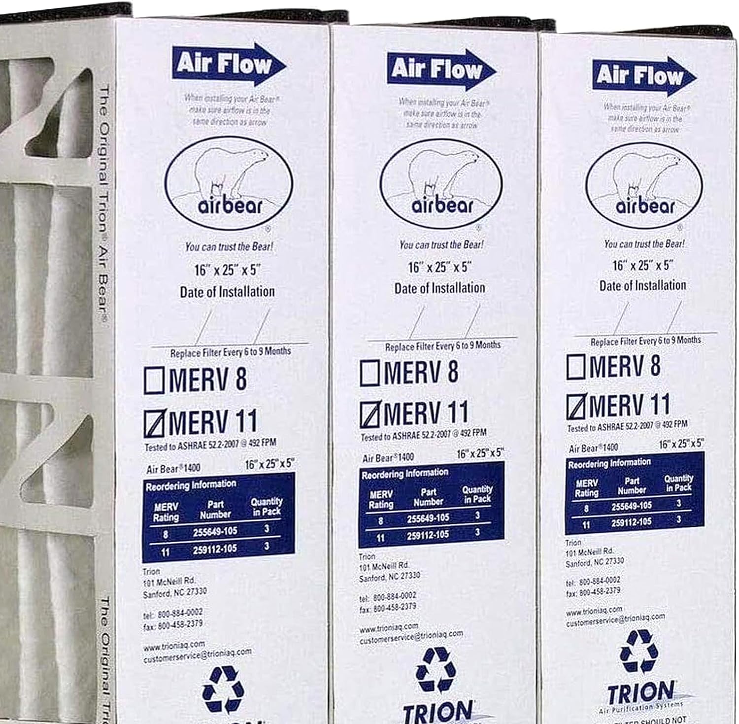 16 x 25 x 5 Inch MERV 11 High Performance Air Purifier Filter Replacement for Air Bear Cleaner Purification Systems, White (3 Pack)