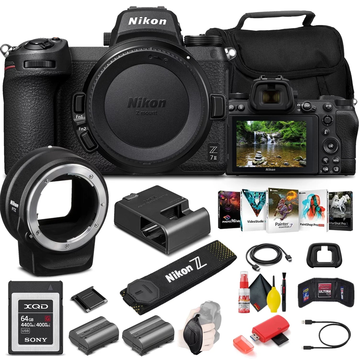 Nikon Z 7II Mirrorless Digital Camera 45.7MP (Body Only) (1653) + FTZ Mount + 64GB XQD Card + EN-EL15c Battery + Corel Photo Software + Case + Card Reader + Cleaning Set + More - International Model