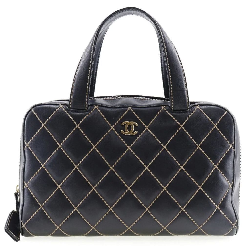 Pre-Owned Chanel Wild Stitch Handbag Mini Boston A14692 Calf Black Ladies (Fair)