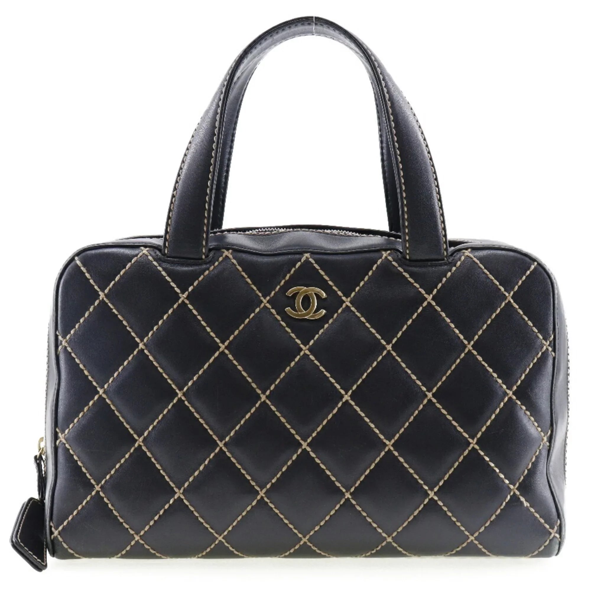 Pre-Owned Chanel Wild Stitch Handbag Mini Boston A14692 Calf Black Ladies (Fair)