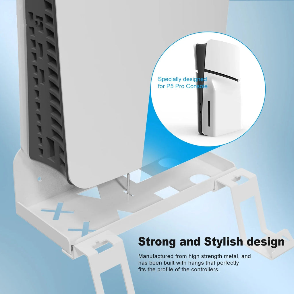 Strong Iron Wall Mount Bracket Set for PS5 Slim Space-Saving, Secure, and Convenient Storage with Dual Charging Cable