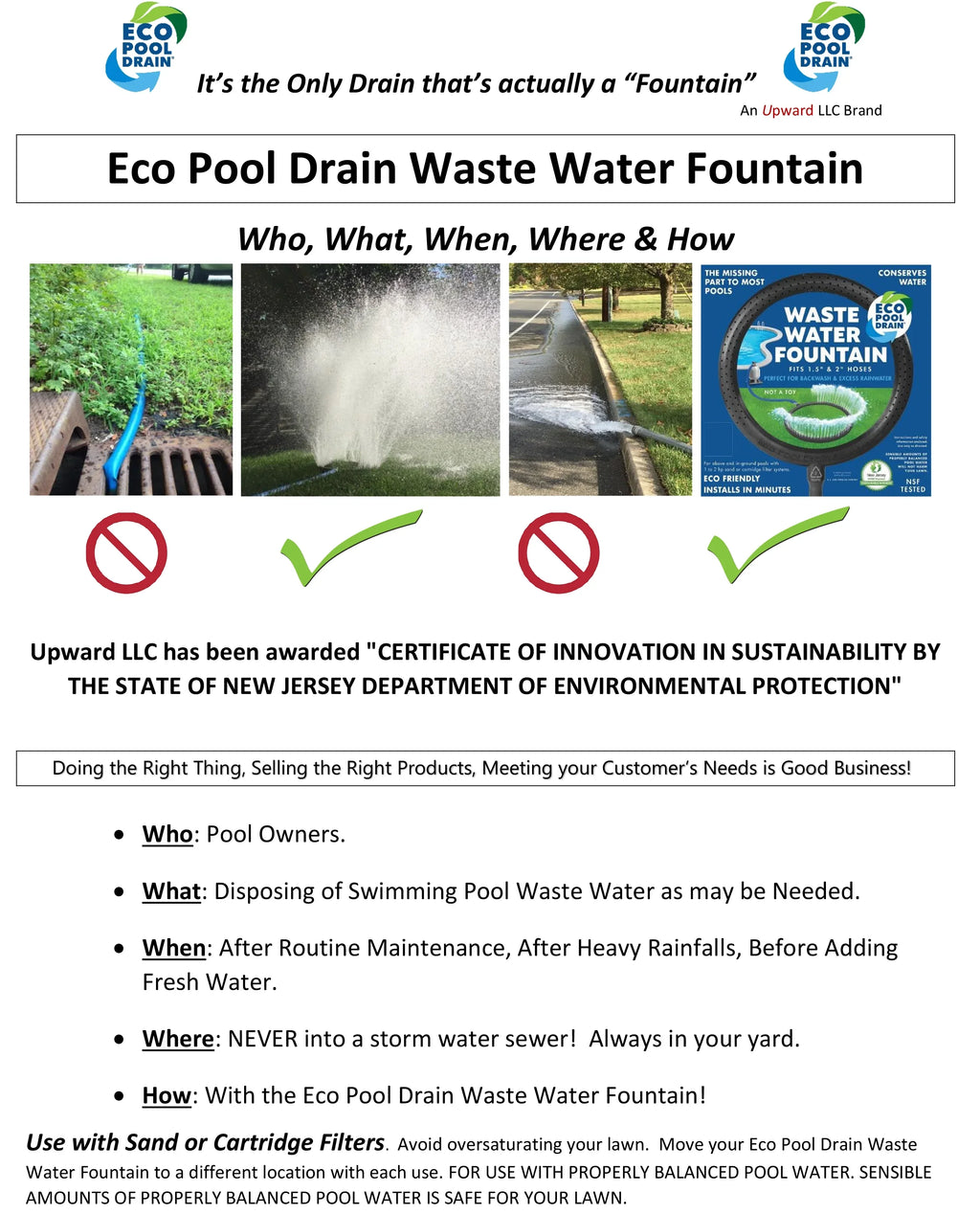 Eco Pool Drain Waste Water Fountain for Sand & Cartridge Filtered Swimming Pools #200