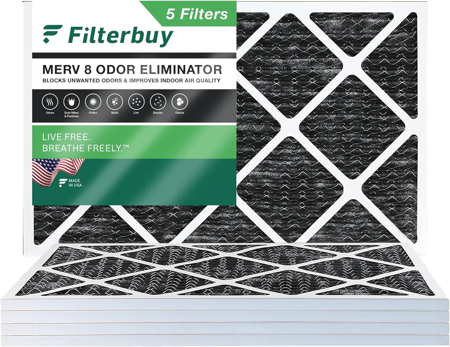 Filterbuy 16x25x1 MERV 8 Odor Eliminator Pleated HVAC AC Furnace Air Filters with Activated Carbon (5-Pack)