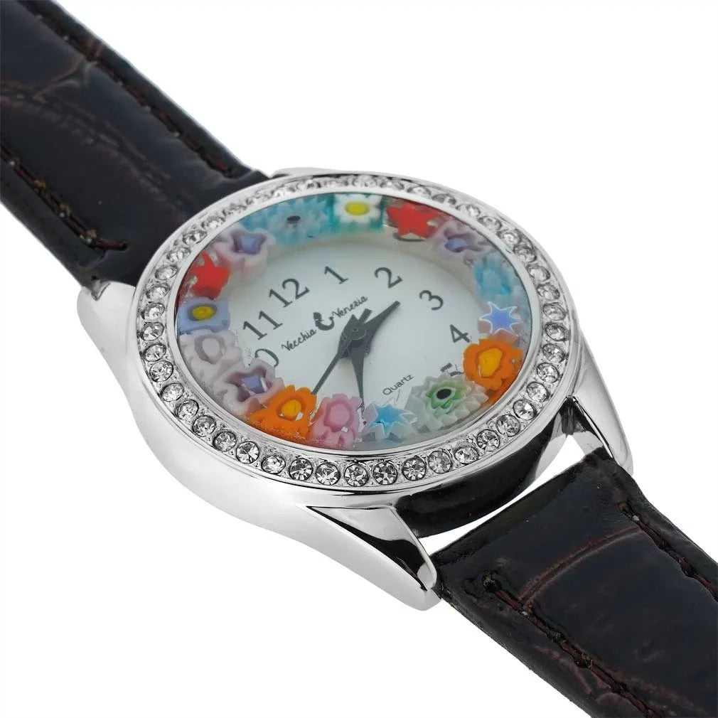 GlassOfVenice Murano Glass Watch Millefiori And Crystals With Leather Band - Brown