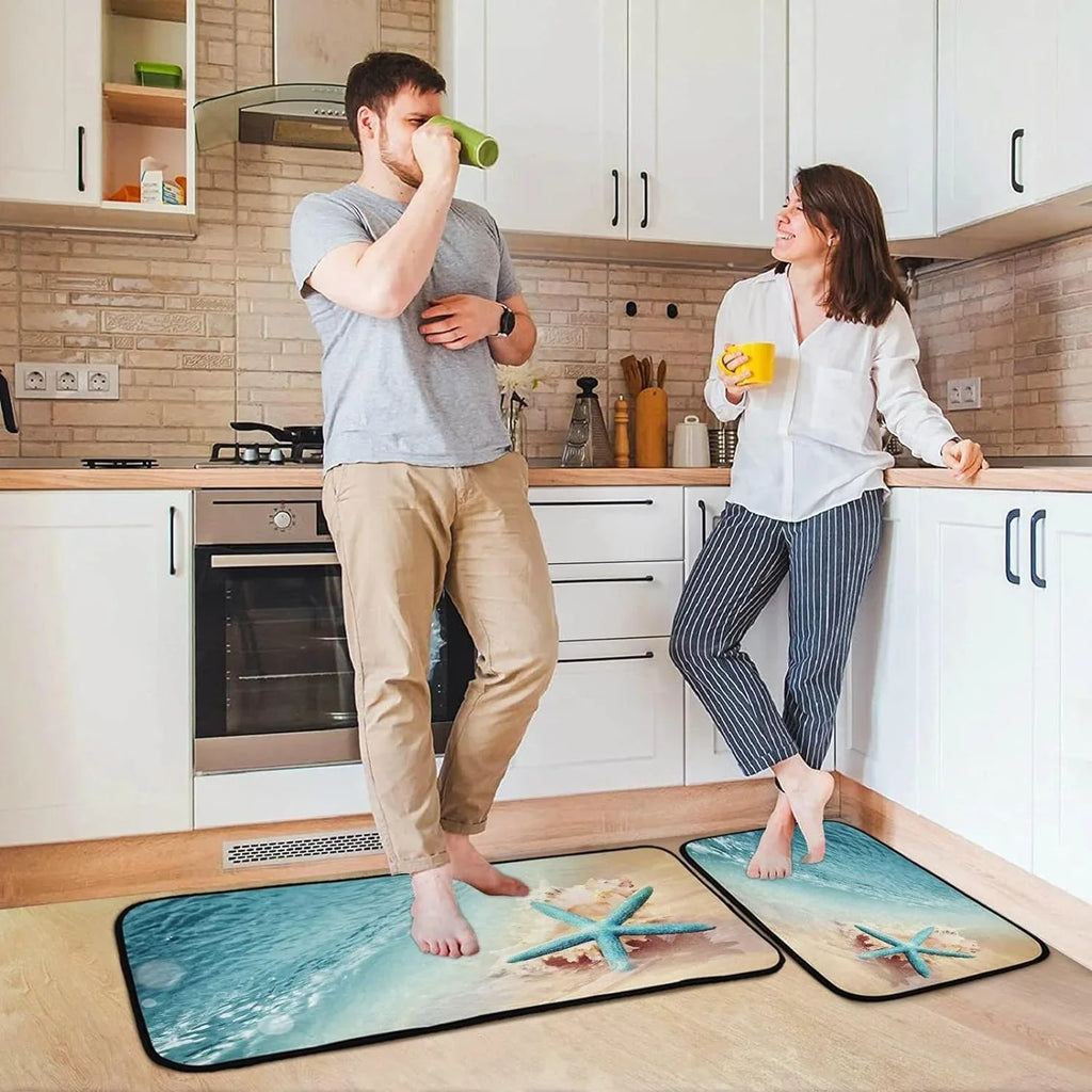 Bestwell Starfish Summer Beach Kitchen Mats and Rugs, Sea Wave Conch Floor Runner Area Rug Washable Carpet Perfect for Living Room Bedroom Entryway, 19.7"x27.6" + 19.7"x47.2"