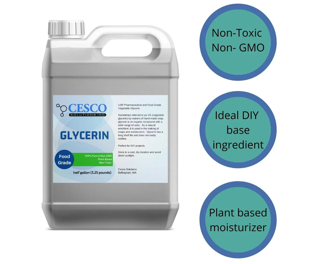 Cesco Solutions Pure Vegetable GLYCERIN - Plant-Based, Non-GMO, Non-Toxic Liquid Glycerin for DIY Soap Making - Natural Emollient Ingredient for Skin Moisturizers in Spill-Free Packaging - 1 gallon