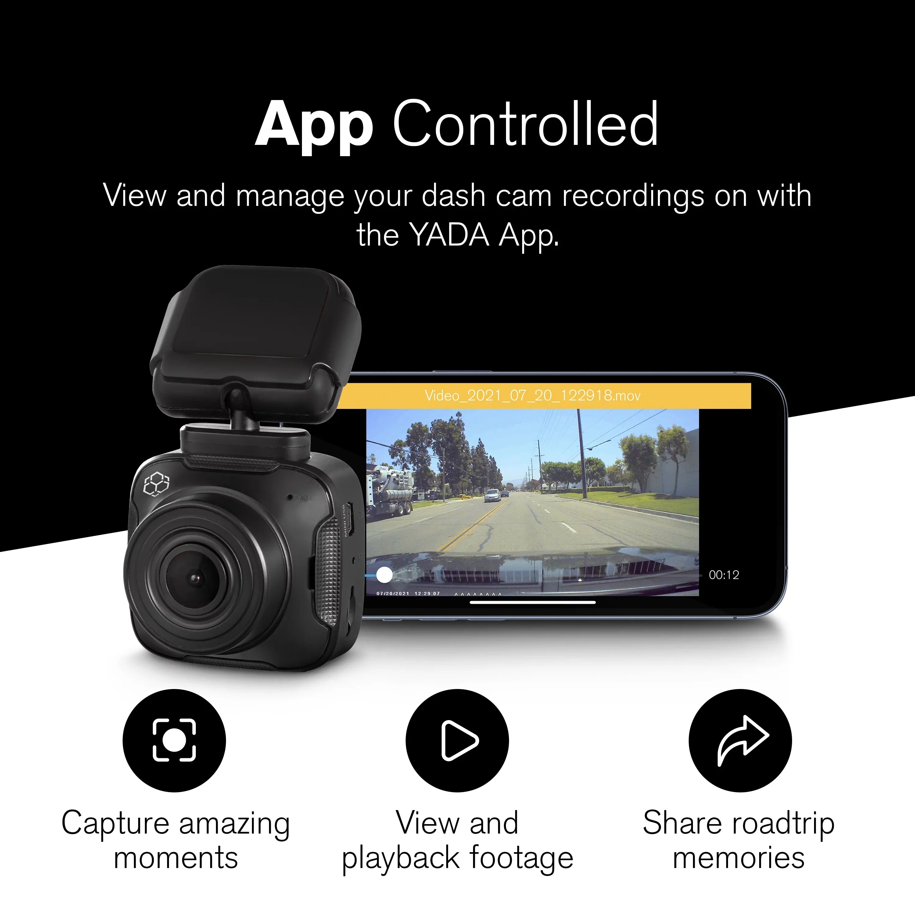 YADA 1080p Roadcam with App, 140 Degree Wide Angle Lense, 2.4" LCD Screen, G-Sensor Technology with Park and Record Mode, Loop Recording