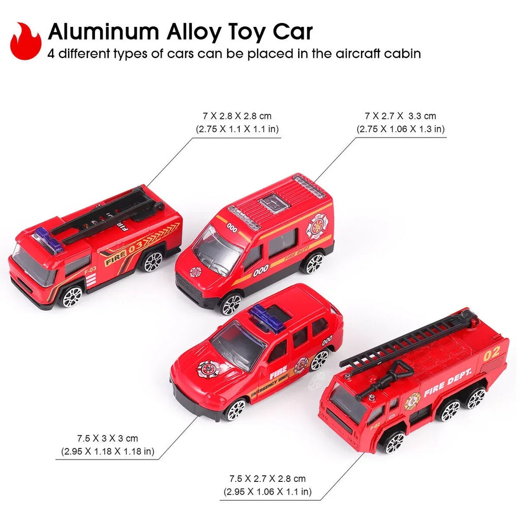 SHAN Airplane Toy Fire Truck Playset with Music and Lights, Transformable Airplane Storage Cart, 3-6 Years Old Boys and Girls Birthday Christmas Gift (Red)