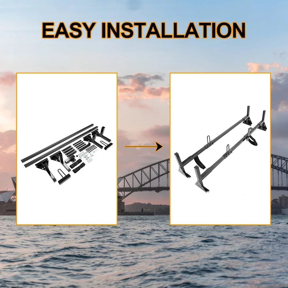 Kojem Universal 2 Bars Roof Rack Mount Full-Size Vans for Chevy Express Ford E-Series GMC Savana 68"-75" Adjustable Steel Rack Carry Ladders