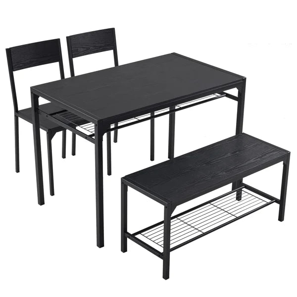 ALFRESCO Black 4-Piece Dining Table Set for 4 - Includes 2 Chairs, 1 Bench, Perfect for Small Spaces
