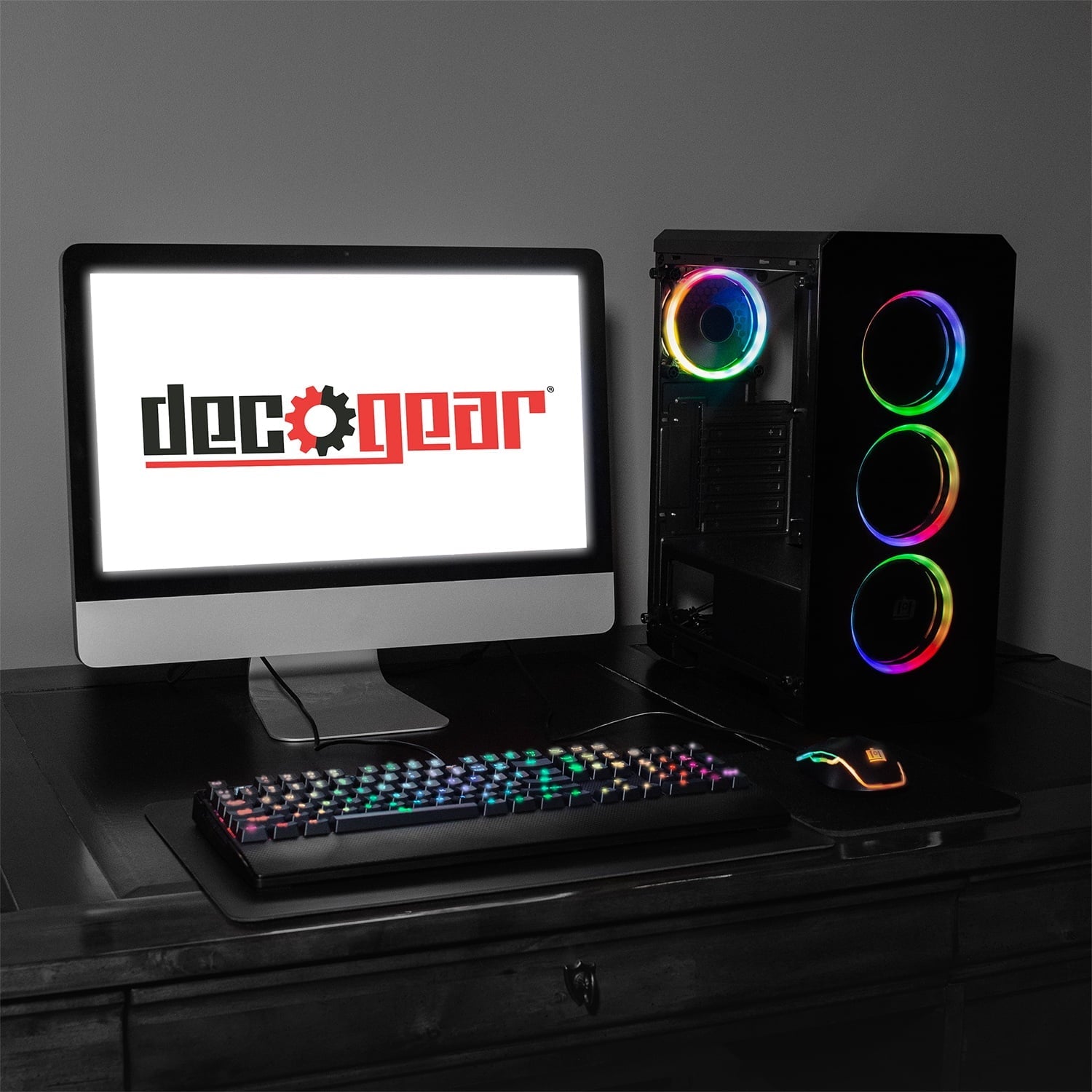 Deco Gear Mid-Tower PC Gaming Computer Case Starter Kit, 3-Sided Tempered Glass and LED Lighting, Mini-ITX, Micro-ATX, ATX, with Wired RGB Gaming Mouse, RGB Mechanical Gaming Keyboard, and Mouse Pad