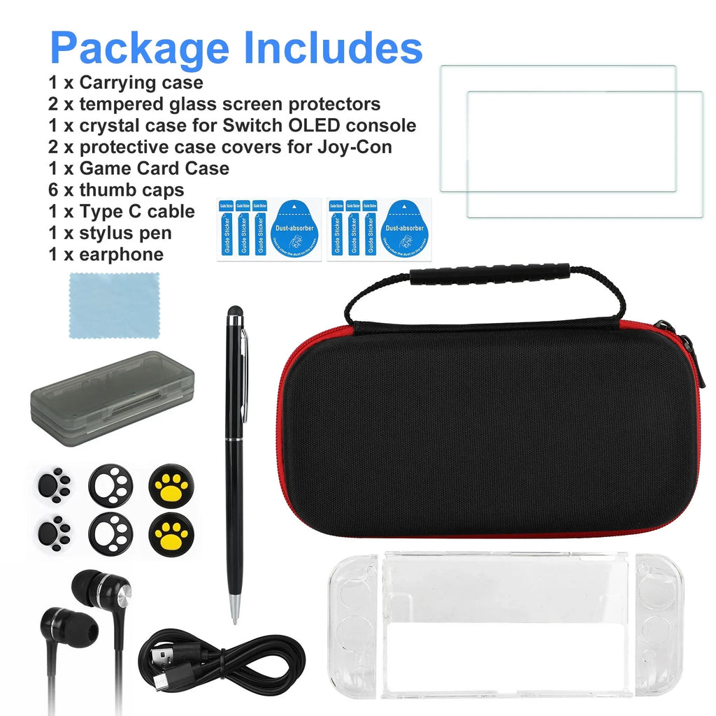 16-in-1 Accessories Kit Fit for Nintendo Switch OLED, EEEkit Accessories Bundle with Carrying Case, Protective Wrap Case, Tempered Glass Screen Protector, Thumb Grips, and More, Black