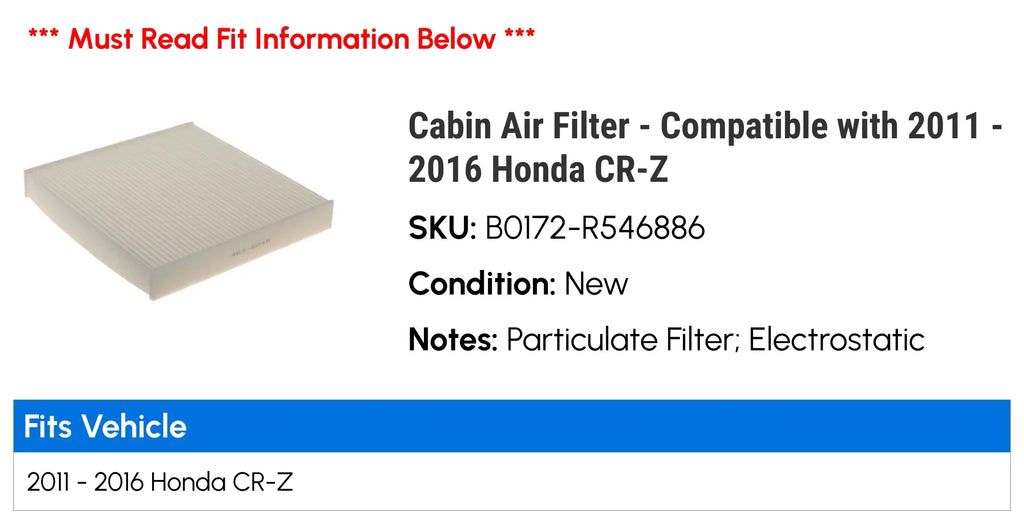 Cabin Air Filter - Matching with 2011 - 2016 Honda CR-Z 2012 2013 2014 2015