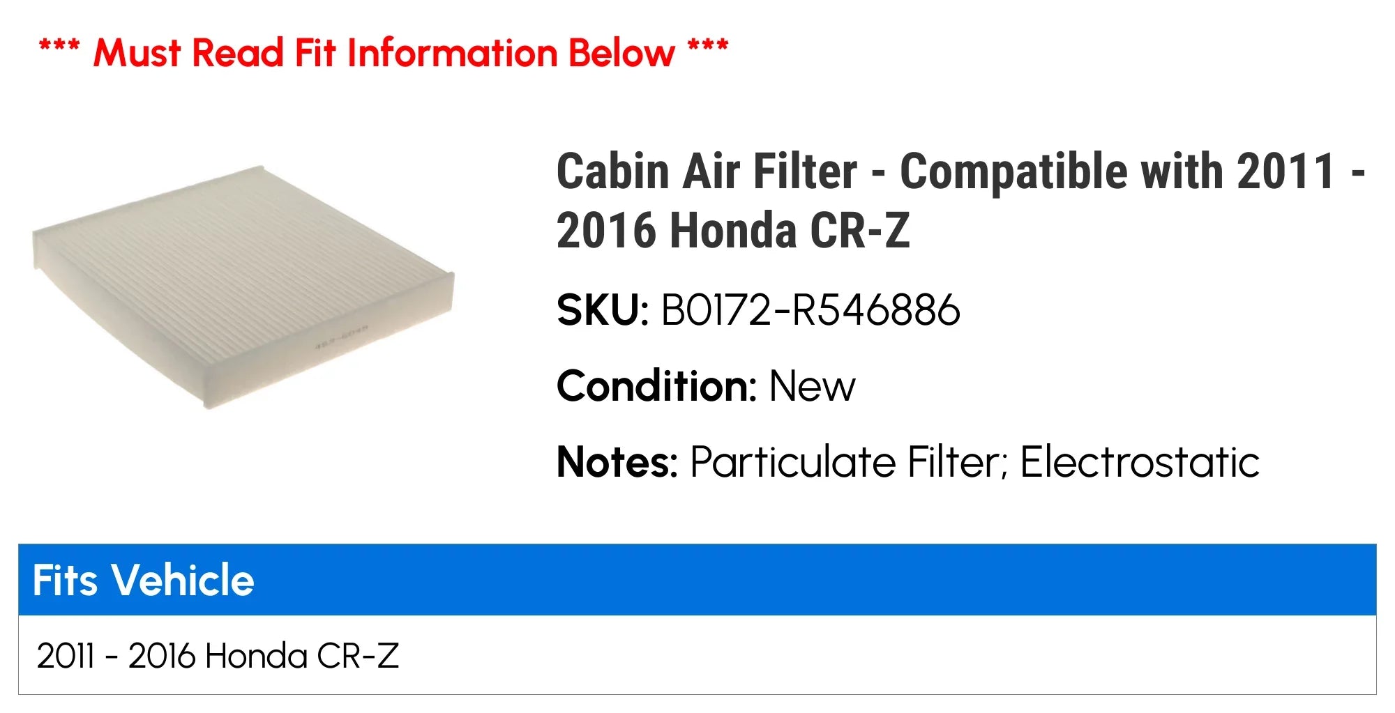 Cabin Air Filter - Matching with 2011 - 2016 Honda CR-Z 2012 2013 2014 2015