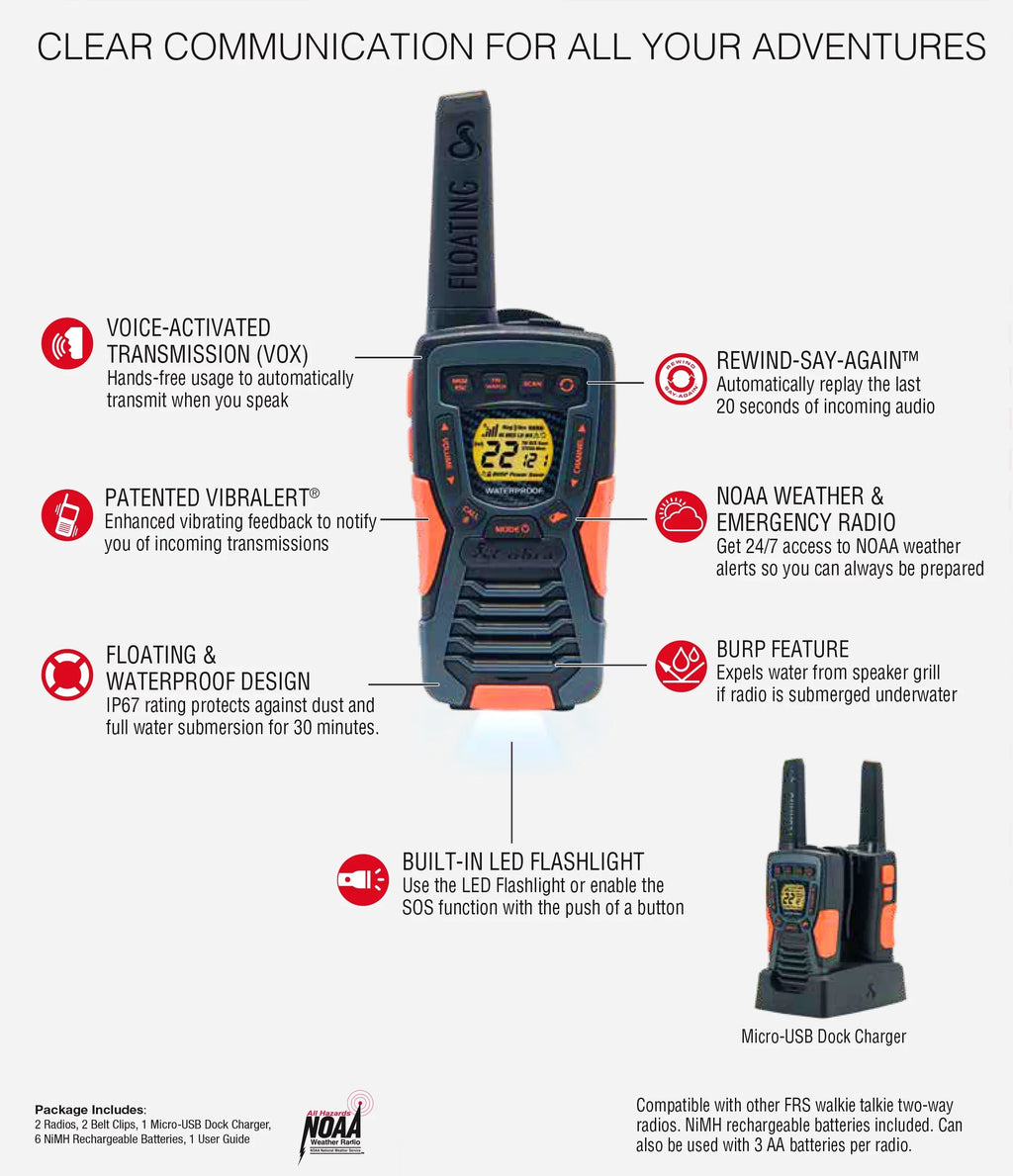 Cobra ACXT1037R-FLT Walkie Talkies - Floating, Rechargeable 37-mile Range Two-Way Radios (2-Pack)