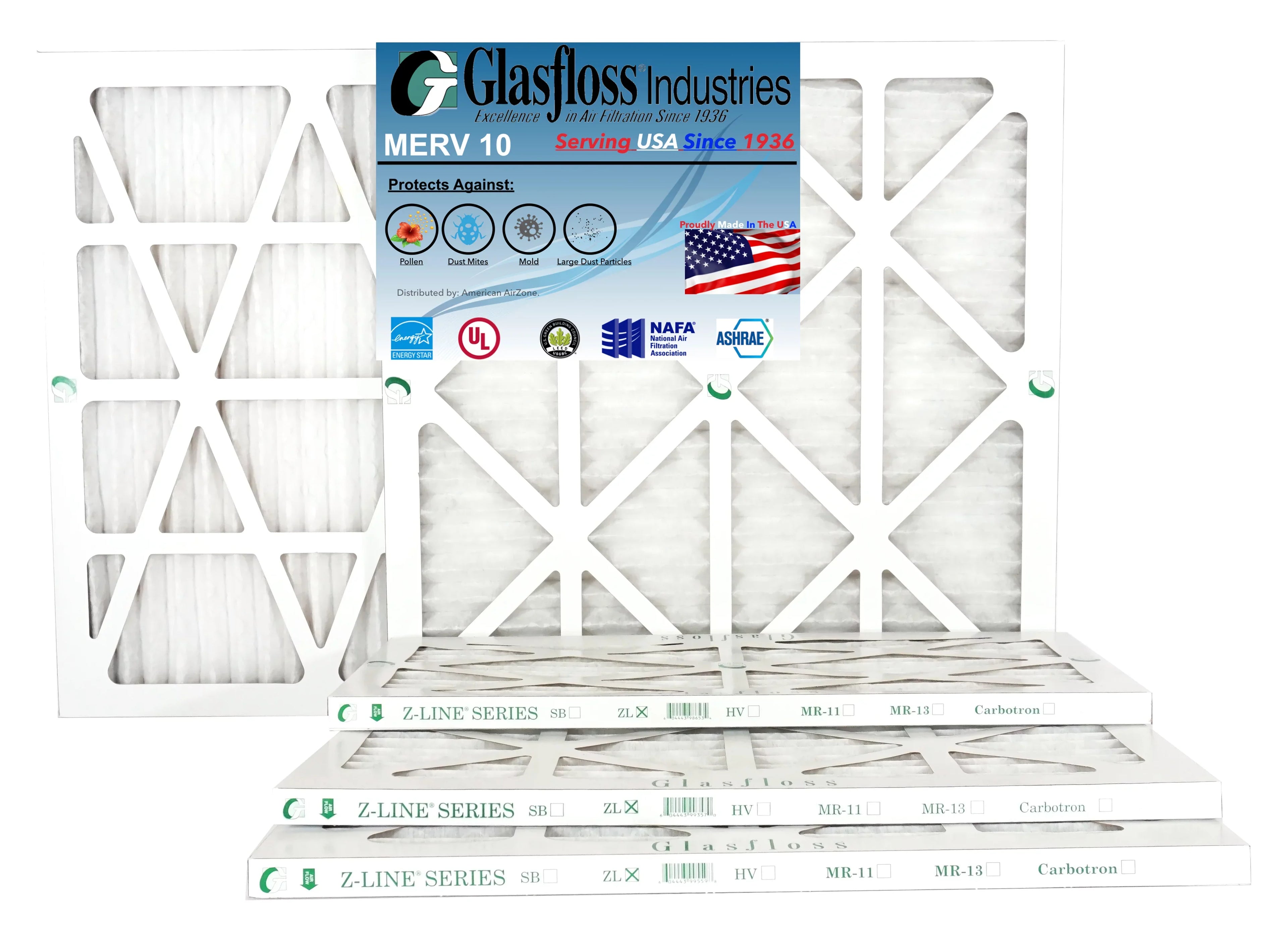 Glasfloss 22x22x1 - MERV 10 -Qty:6 - Furnace Air Filter - Made in USA (Actual Size: 21.5 x 21.5x7/8 inch)