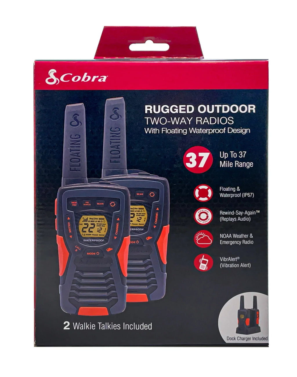 Cobra ACXT1037R-FLT Walkie Talkies - Floating, Rechargeable 37-mile Range Two-Way Radios (2-Pack)