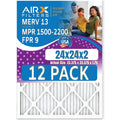 24x24x2 Air Filter MERV 13 Rating, 12 Pack of Furnace Filters Comparable to MPR 1500 - 2200 & FPR 9 - Made in USA by AIRX FILTERS WICKED CLEAN AIR.